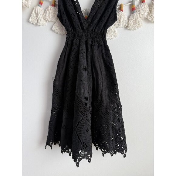 Temptation Positano Black Eyelet Crochet Smocked Mini Dress Coquette Whimsigoth - Picture 4 of 10